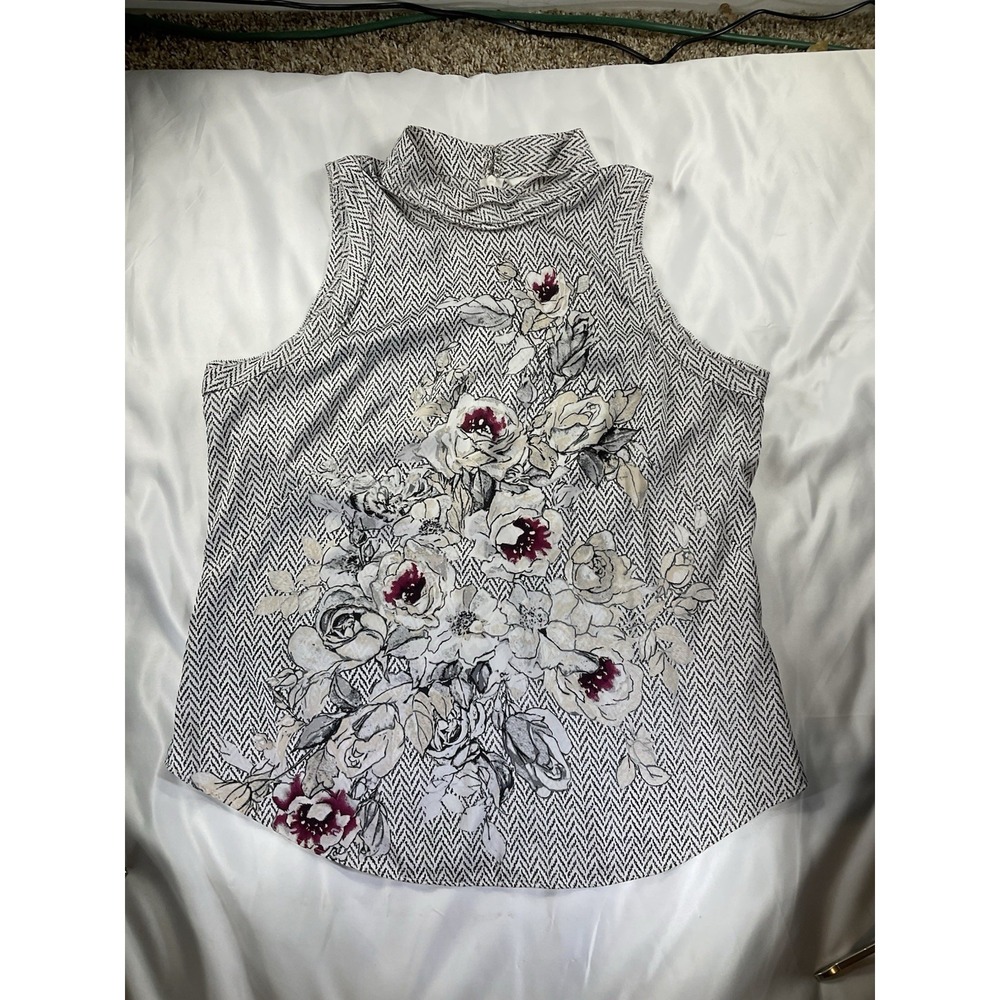 White House Black Market Sz LWomen White Floral Turtle Neck Sleeveless Blouse 68